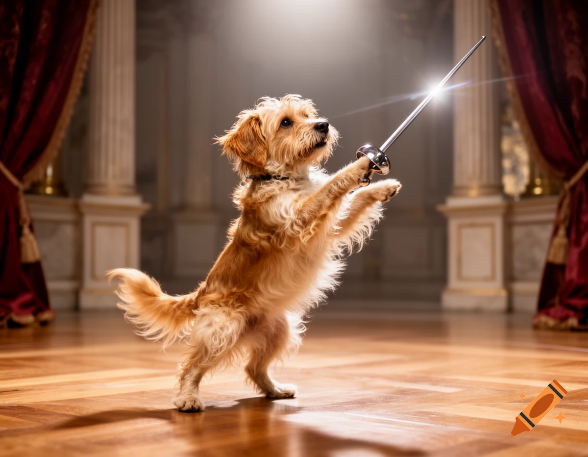 A fluffy brown dog stands on its hind legs, holding a shiny fencing sword, in a grand hall with red curtains.