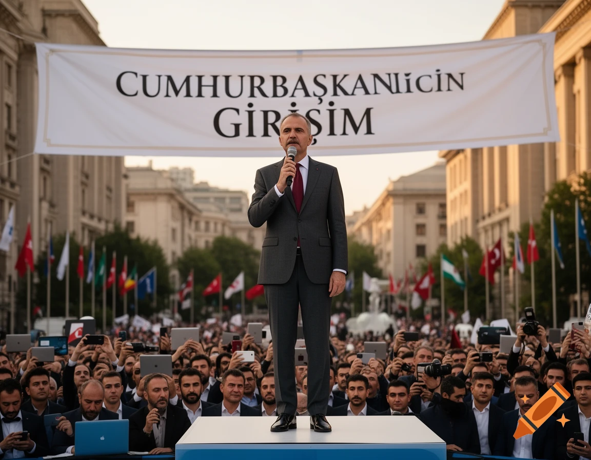 A man in a gray suit speaks into a microphone on a stage, addressing a large crowd outdoors under a banner that reads "CUMHURBAŞKANLIĞI İÇİN GİRİŞİM" and numerous flags. The scene appears to be a political rally.