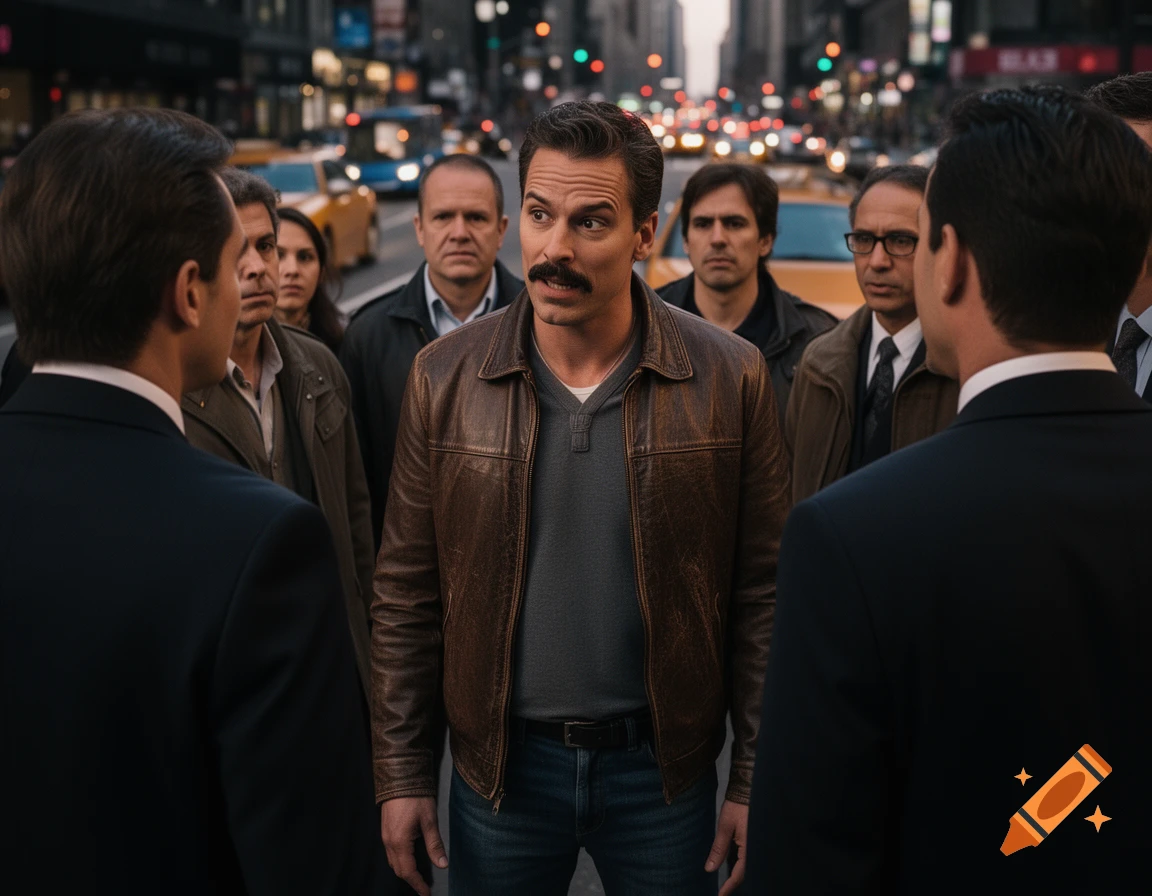 A man with a mustache in a leather jacket speaks to another man in a suit, surrounded by others on a busy city street.