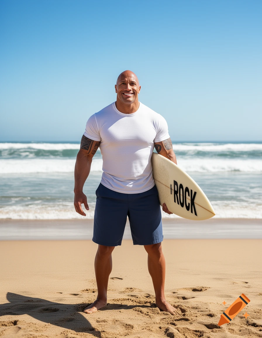 Dwayne "The Rock" Johnson smiles on a sunny beach, holding a surfboard with "ROCK" written on it, ocean waves behind him.