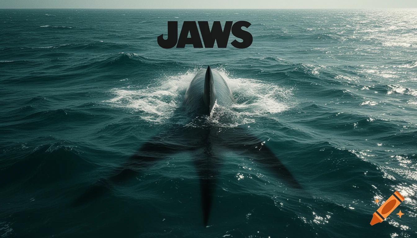 A large shark fin breaks the surface of a dark blue, choppy ocean. The bold text 'JAWS' floats above the water, resembling a movie poster.