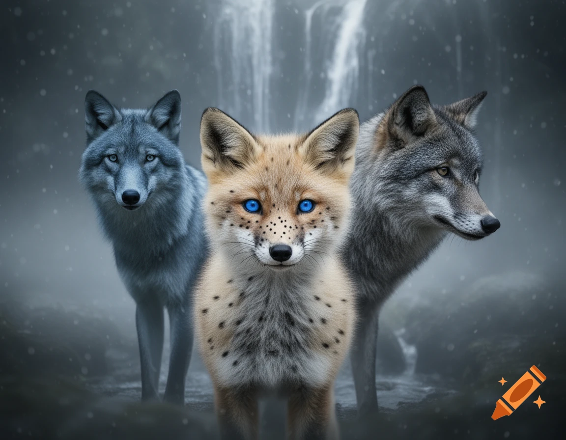 A beige fox with blue eyes and black spots stands between a blue-gray wolf and a gray wolf in a misty forest with a waterfall.