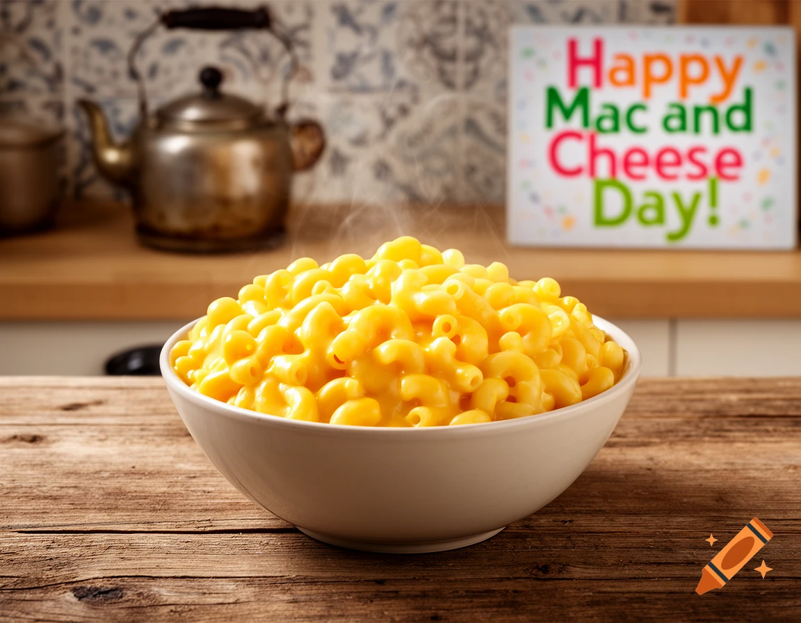 A steaming bowl of mac and cheese sits on a wooden table, with a 'Happy Mac and Cheese Day!' sign in the background.