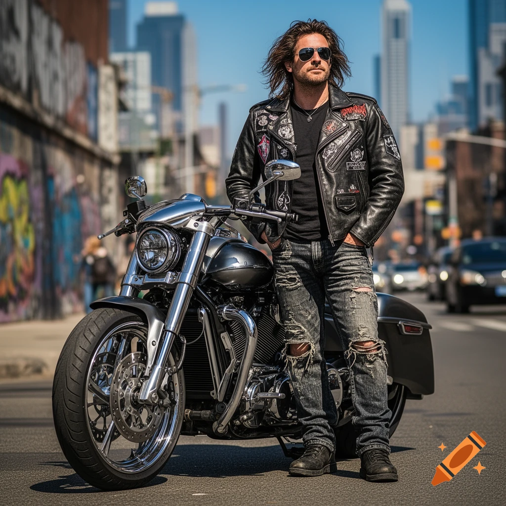 A long-haired man in sunglasses, a leather jacket with patches, and ripped jeans stands next to a shiny motorcycle on an urban street.