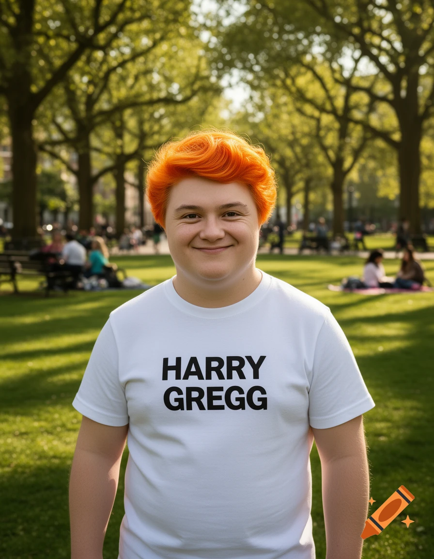 A smiling person with bright orange hair wearing a white t-shirt that says 'HARRY GREGG' in a sunny park.