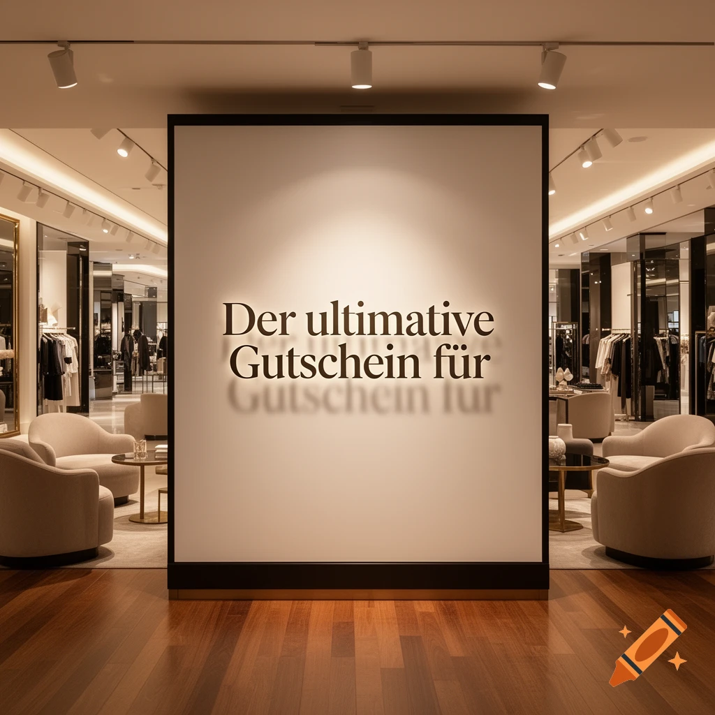 Modern retail store interior with a large illuminated sign displaying 'Der ultimative Gutschein f r' and elegant armchairs.