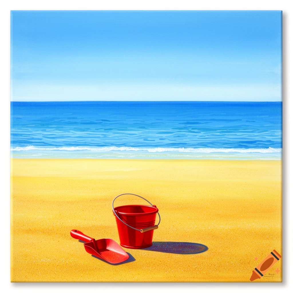 A vibrant, stylized painting of a red bucket and spade on a sandy beach with blue ocean and sky.