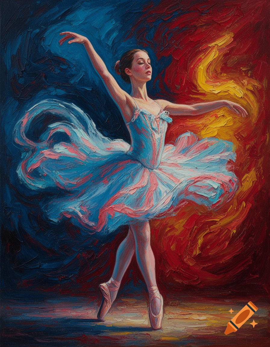 Ballerina in a blue and pink tutu, dancing against a dramatic red, yellow, and blue expressionist oil painting background.