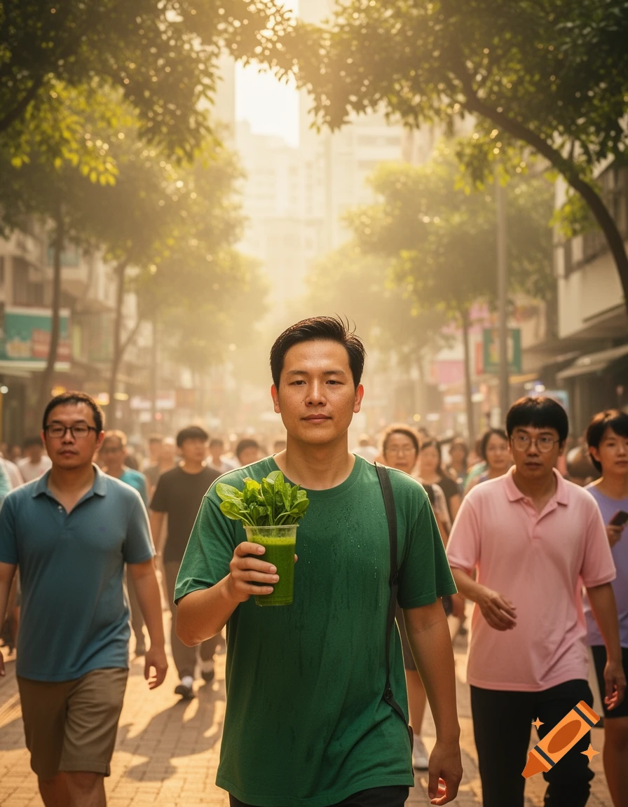 A man in a green shirt walks on a hazy, sunlit city street, holding a green smoothie with spinach, among other pedestrians.