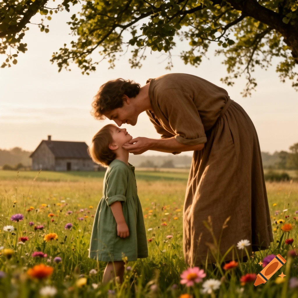 A man gently touches a child's face in a sunny wildflower field, under a tree, with a rustic house in the background.