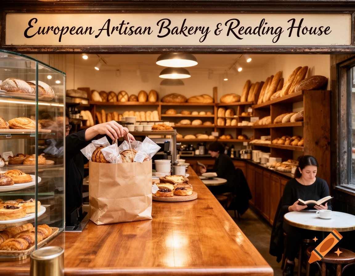 A photorealistic image of a European artisan bakery and reading house, with a person packing bread behind the counter and another person reading at a small table.