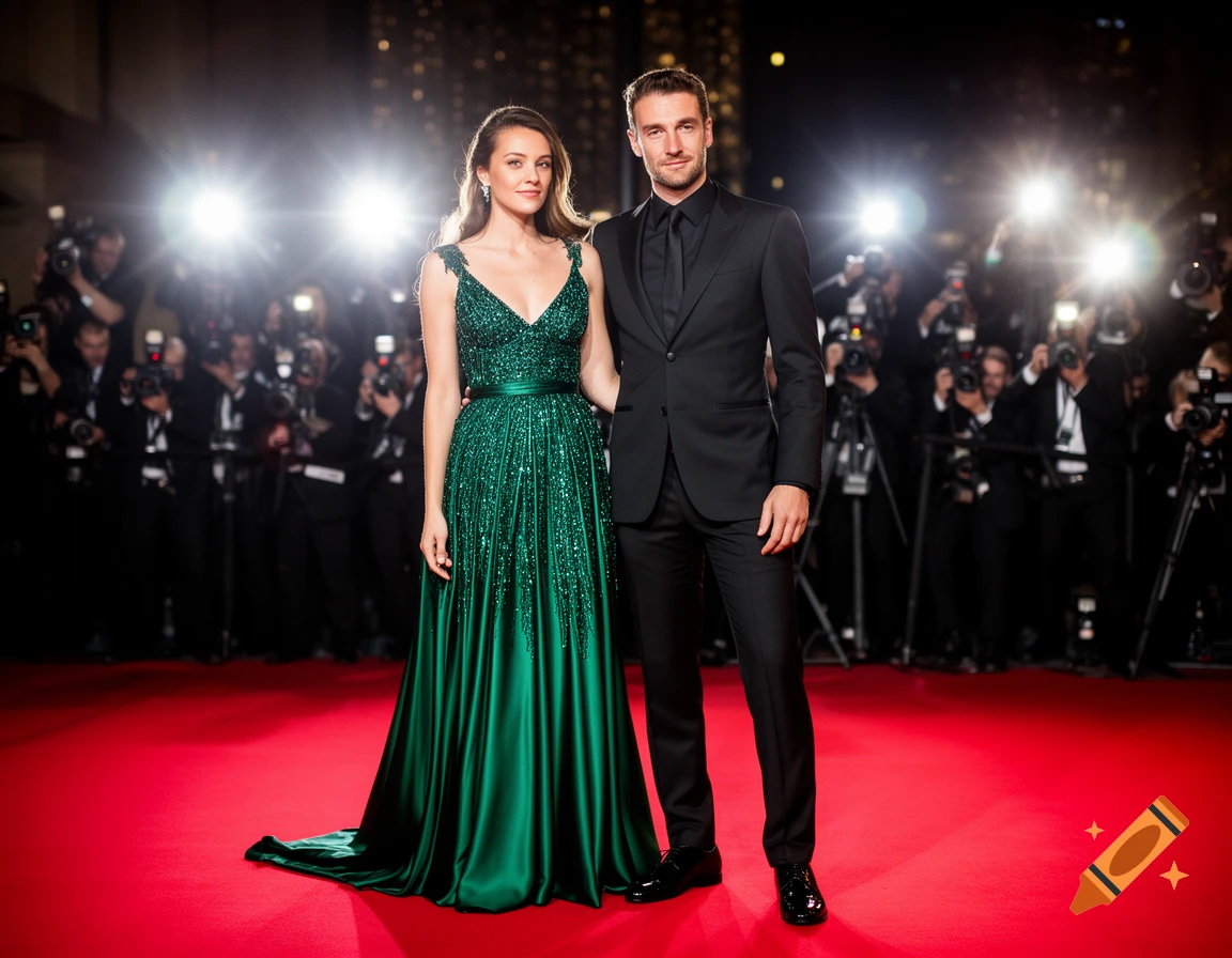 A man in a suit and a woman in a sparkling green gown pose on a red carpet, surrounded by camera flashes, in a glamorous style.