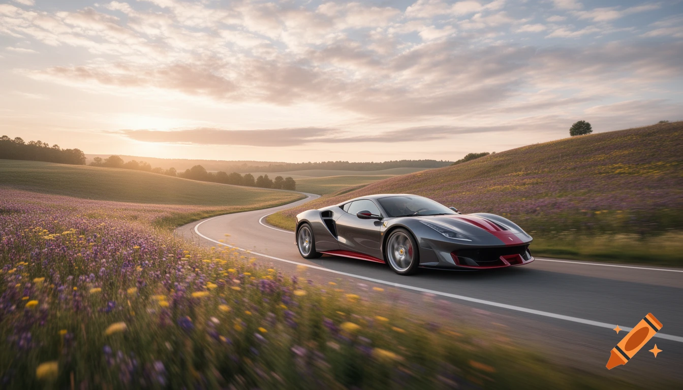 A grey sports car with red stripes drives on a winding road through a colorful, flowery landscape at sunset.