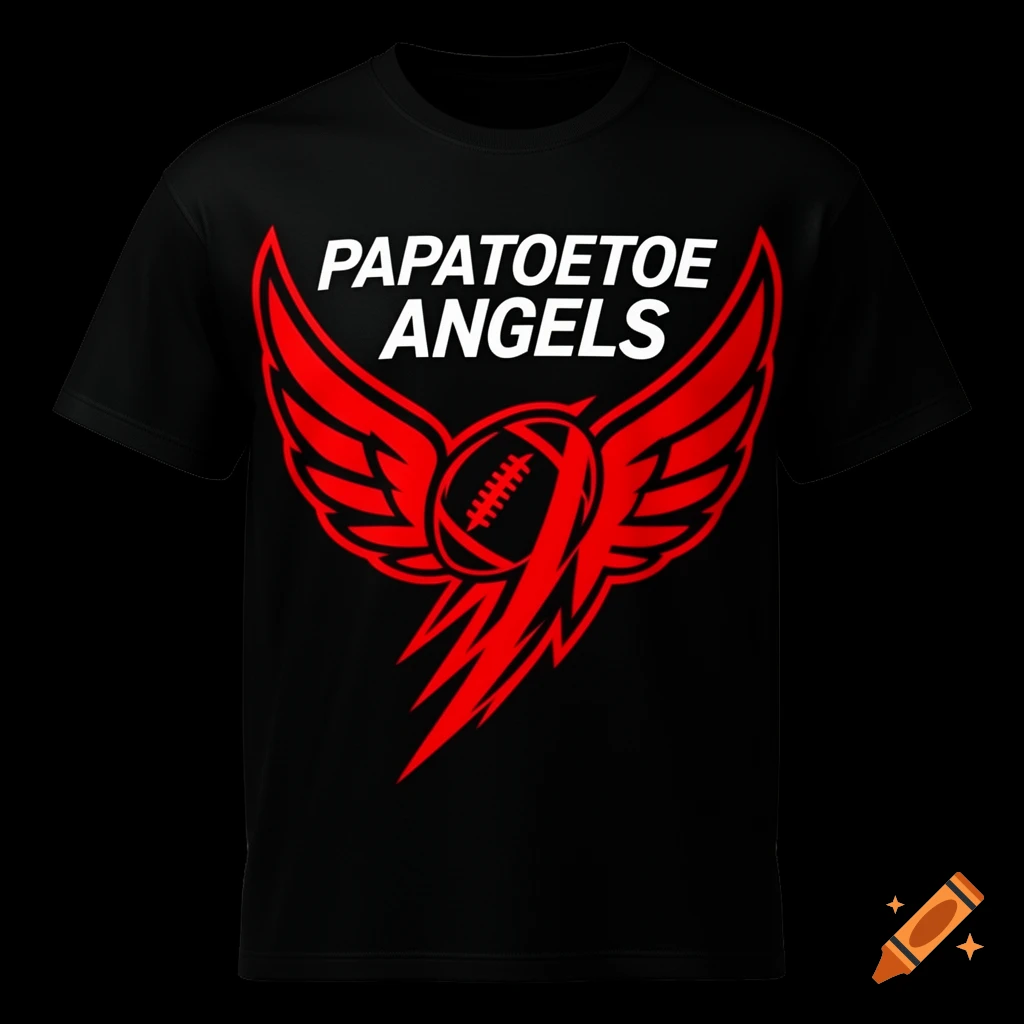 Black t-shirt with a red and white "PAPATOETOE ANGELS" football team logo featuring wings and a football.
