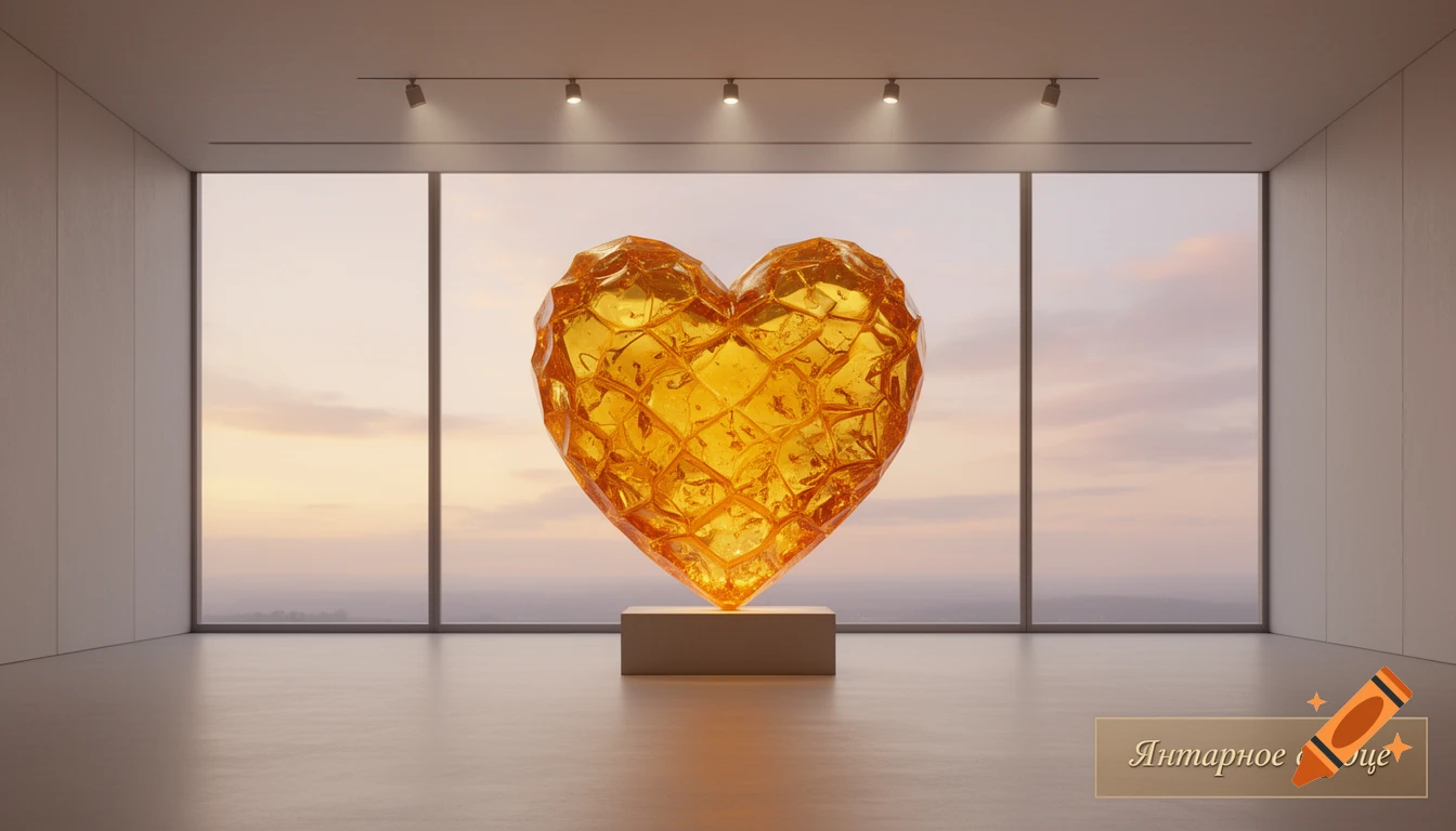 A large, faceted amber heart sculpture stands on a pedestal in a minimalist art gallery with a window view of a sunset landscape.