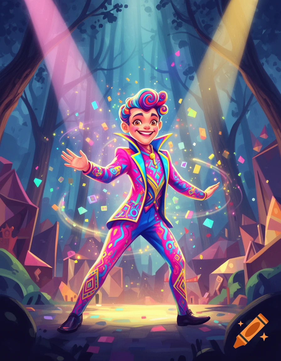 A vibrant, happy cartoon showman in a colorful suit stands in a whimsical forest with confetti and spotlights.