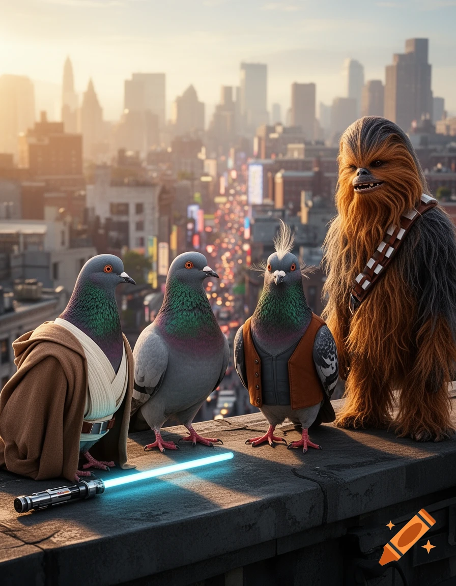 Photorealistic image of three pigeons and Chewbacca on a city rooftop at sunset. A lightsaber rests on the ledge.