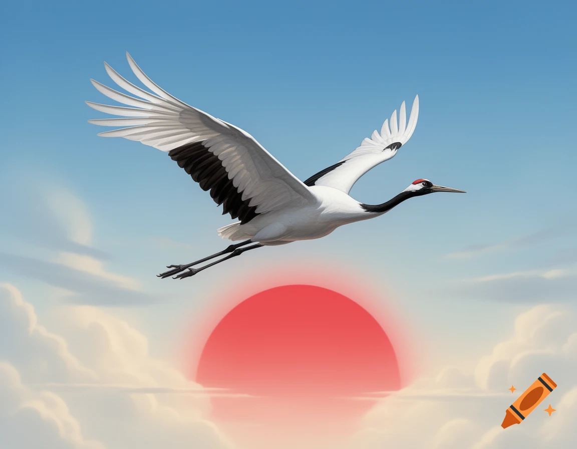 An elegant red-crowned crane soars through a blue sky with soft clouds, flying past a large, bright red sun.