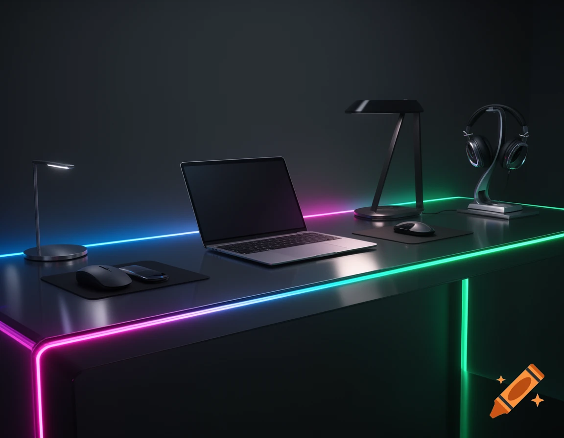 A minimalist dark desk setup with a sleek laptop, lamps, mouse, and headphones, highlighted by glowing neon pink, blue, and green lights.