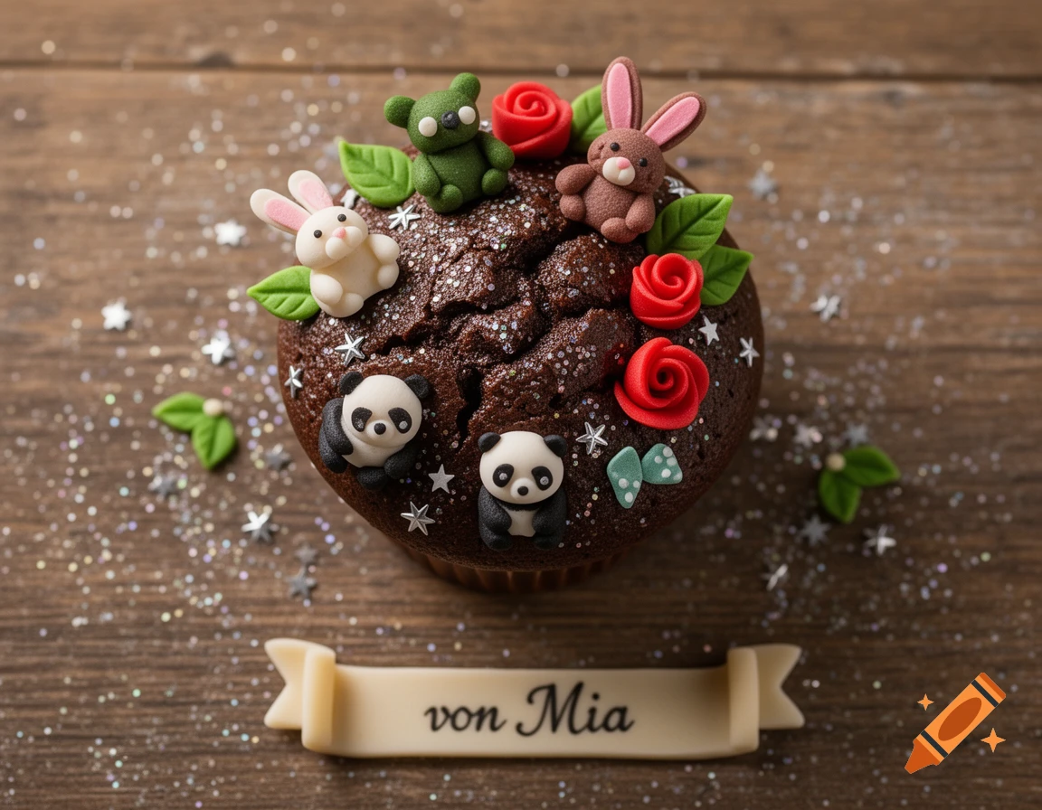 A chocolate cupcake adorned with cute animal figurines, red roses, glitter, and star confetti on wood. A banner reads 'von Mia'.