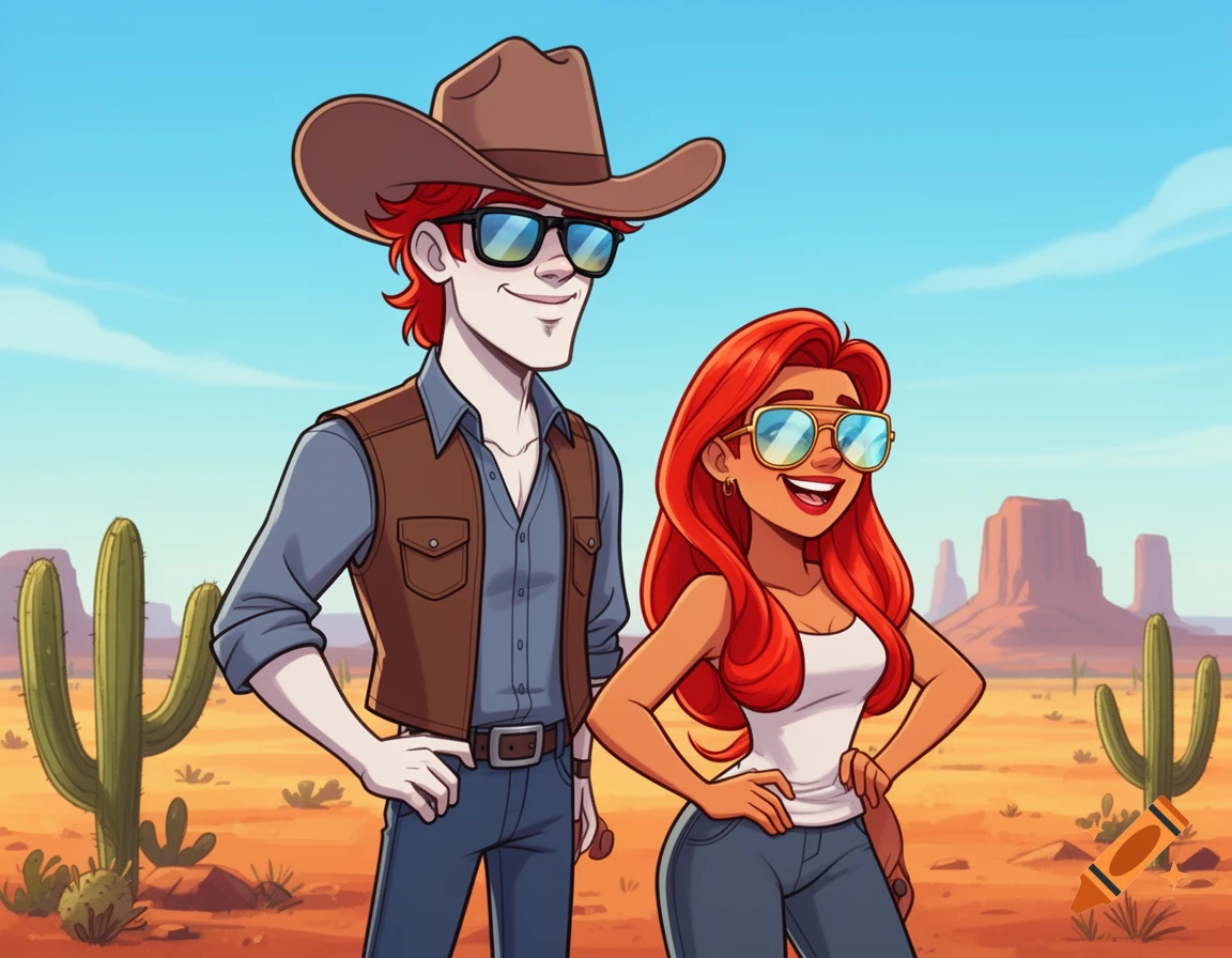 Cartoon of a smiling red-headed man and woman in sunglasses and western attire, standing in a desert with cacti and mesas.