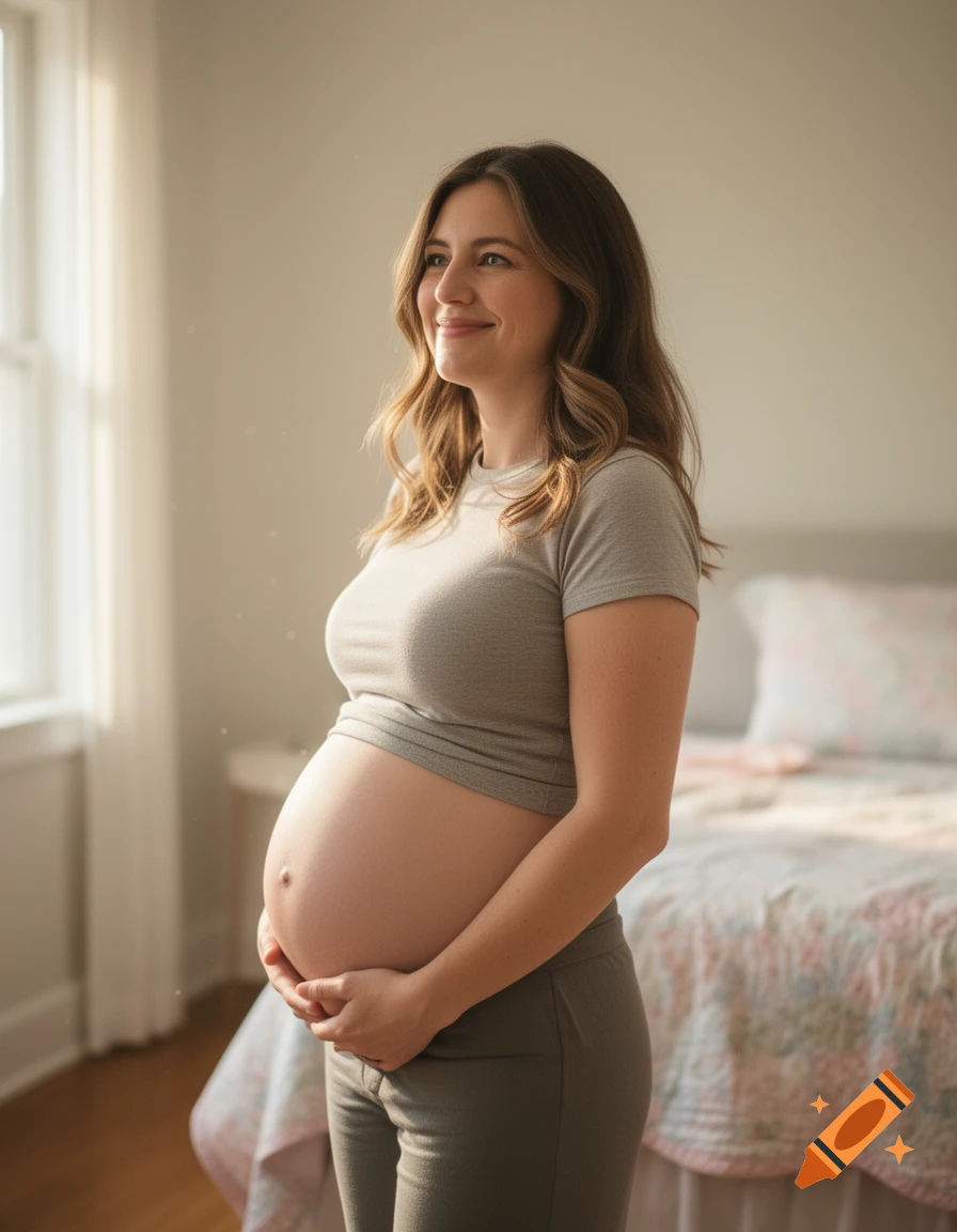 Photorealistic image of a smiling pregnant woman in a grey t-shirt, looking away while holding her belly in a sunlit room.