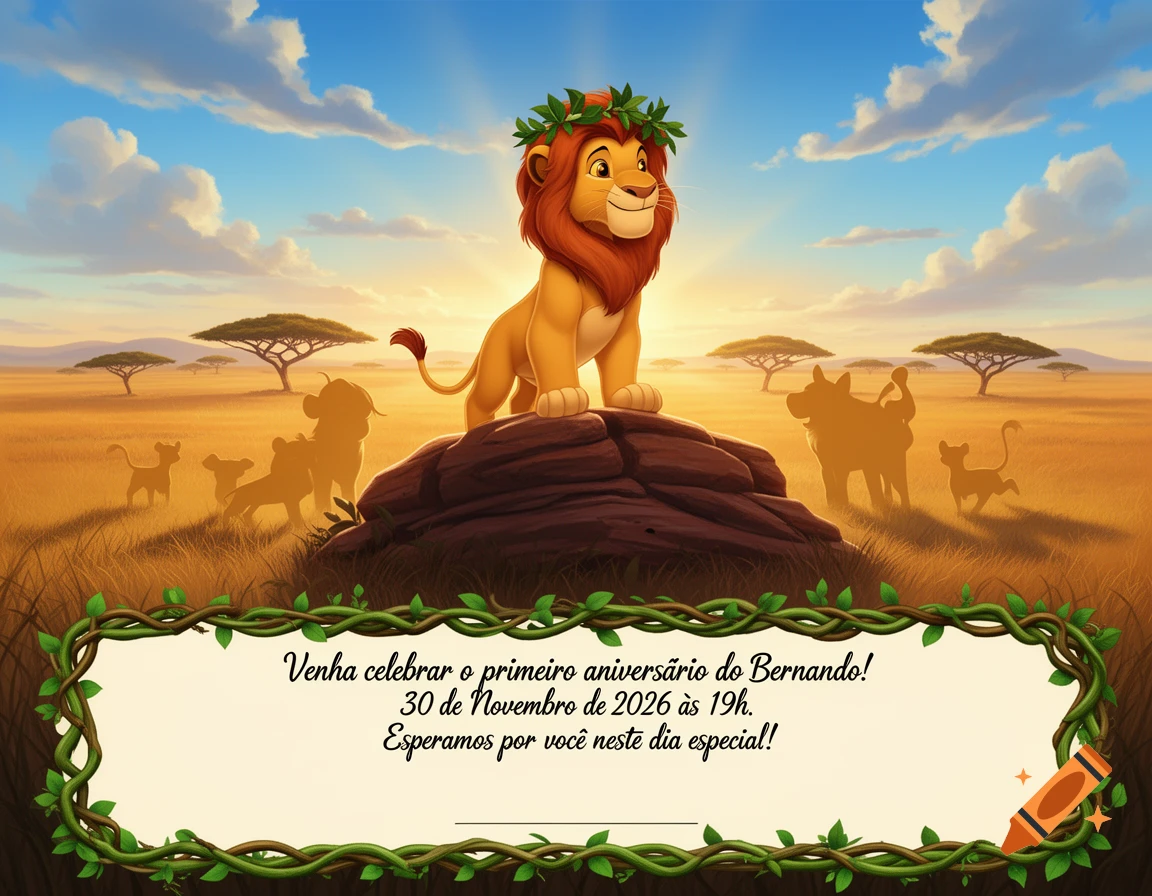 A cartoon lion resembling Simba stands on a rock in a savanna, with an invitation banner featuring Portuguese text about a birthday party.