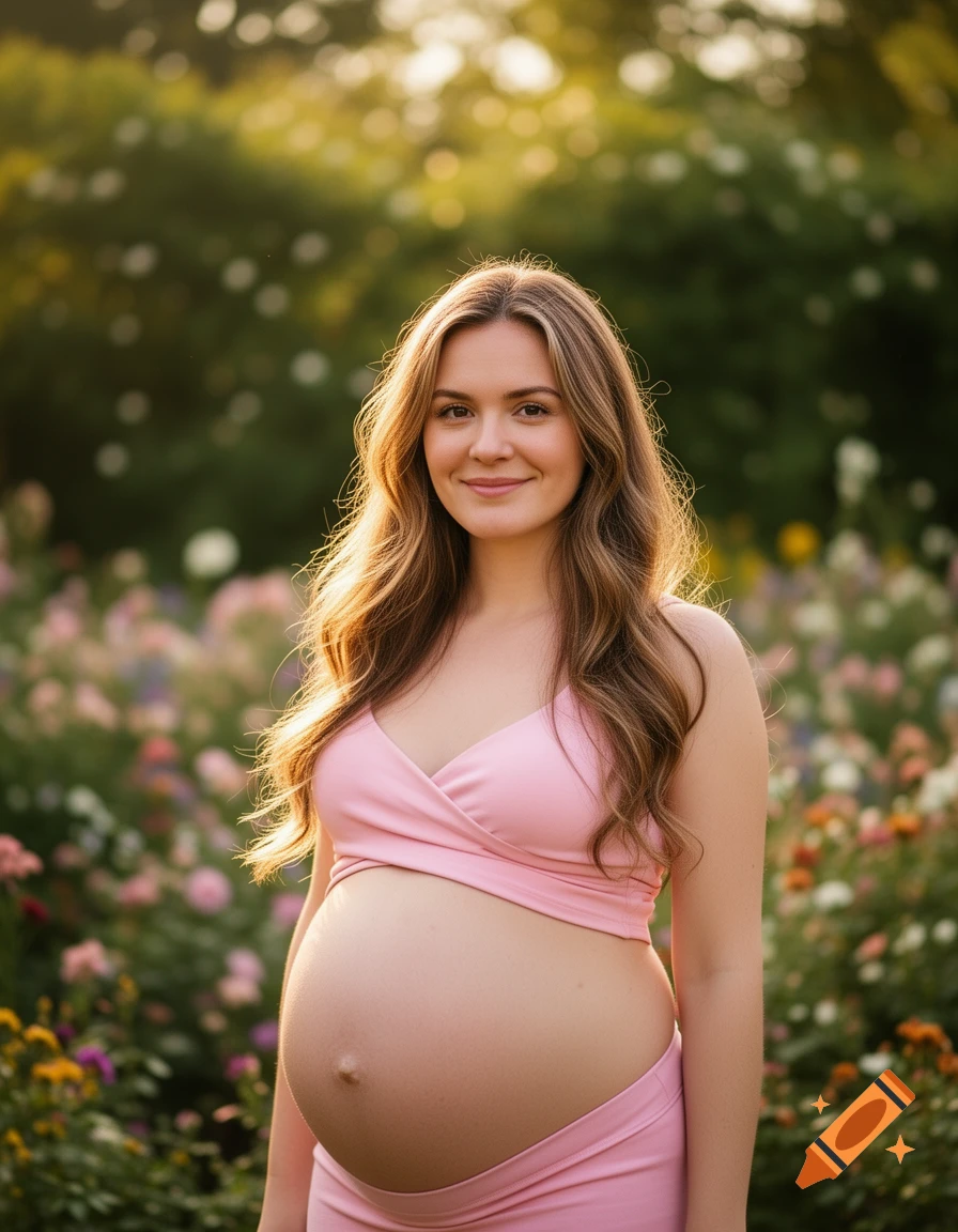 A smiling pregnant woman in a pink crop top stands in a sunlit garden full of colorful flowers.