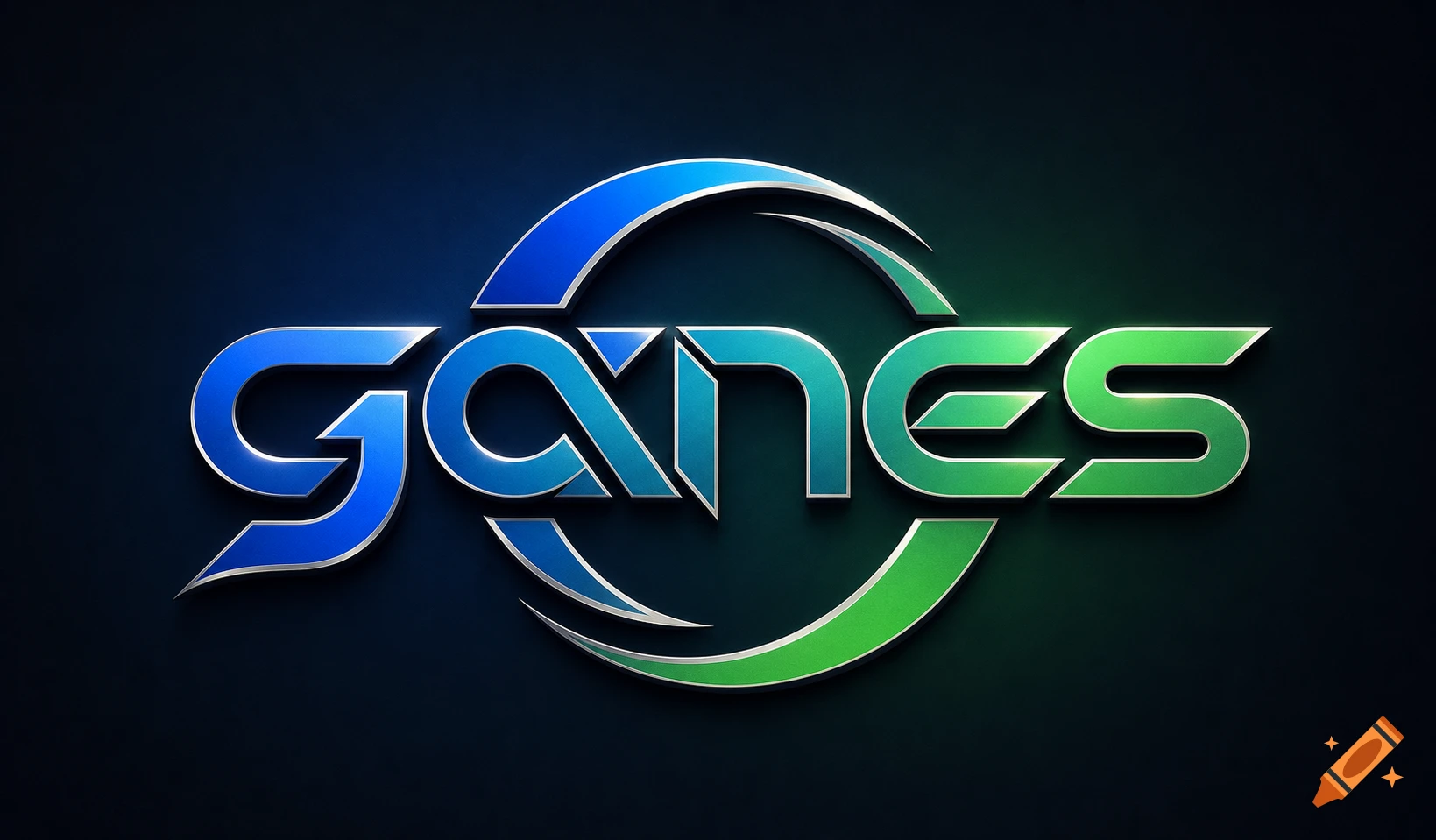 A sleek 3D metallic logo with blue and green gradients spelling 'GANES' on a dark, subtly textured background.