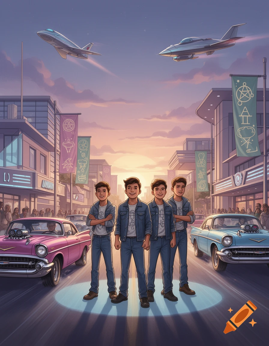 Four young men stand on a retro-futuristic city street at sunset, flanked by classic hot rods, with flying jets above.