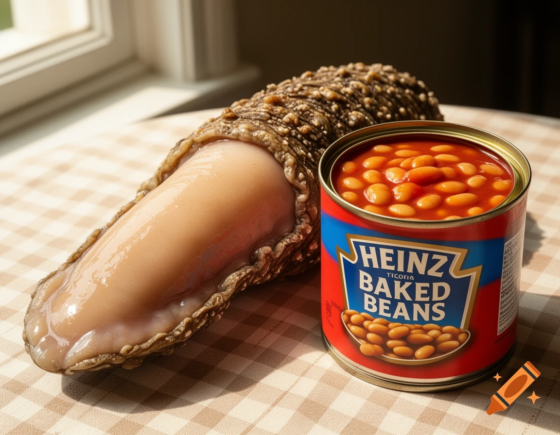 A photorealistic image of a geoduck mollusk next to an open can of Heinz Baked Beans on a checkered tablecloth near a window.