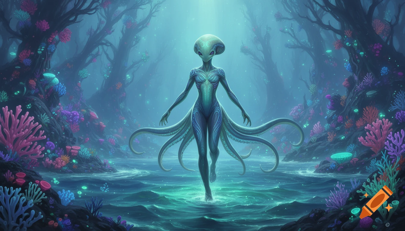 Elegant cephalopod alien with tentacles in a glowing underwater forest, sci-fi concept art.