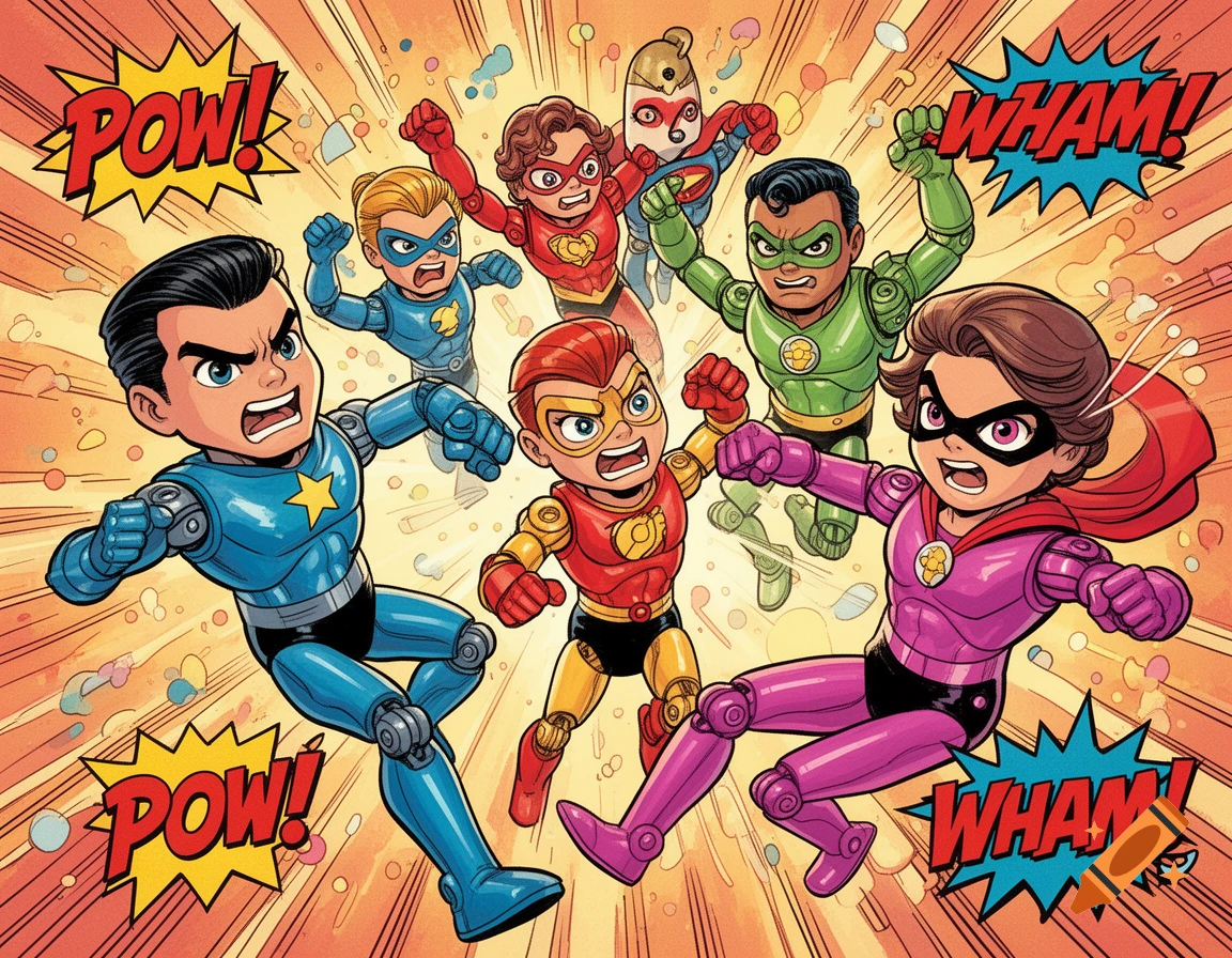 Diverse superhero toy dolls in action poses against an explosive comic book background with "POW!" and "WHAM!" effects.