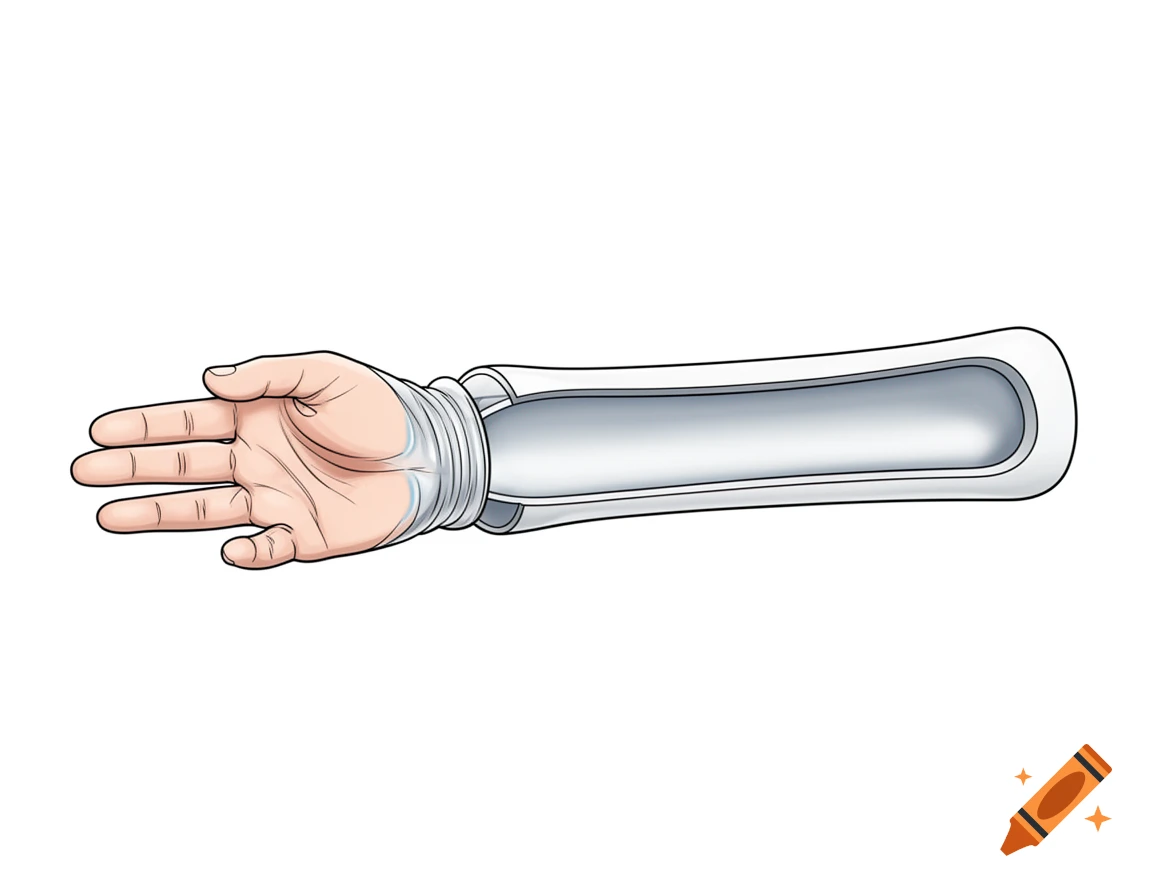 A clean illustration of a human hand inserted into a flexible, hollow cylindrical medical device on a white background.