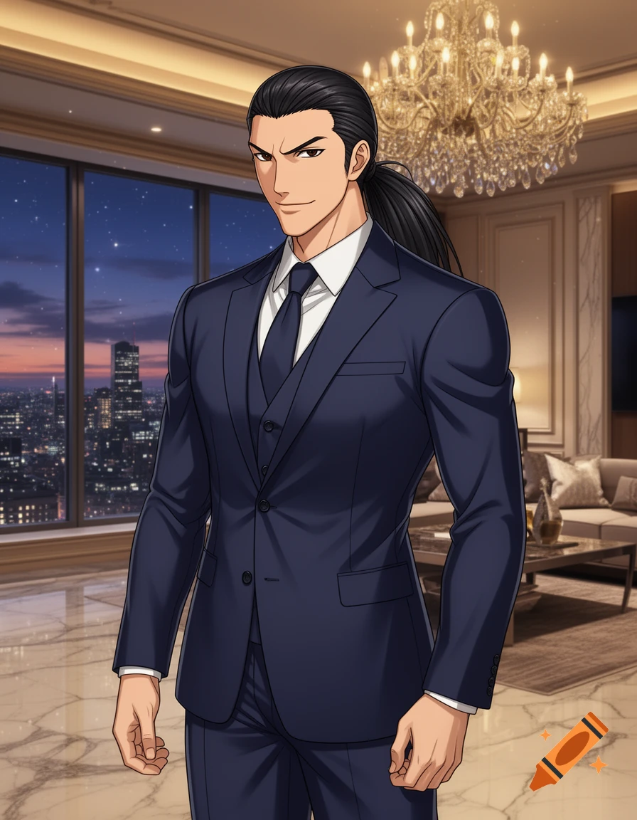 A handsome anime-style man with dark hair in a ponytail, wearing a navy suit, stands in a luxurious high-rise room with a city view at night.
