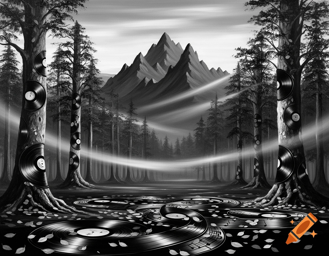 A black and white surreal landscape of a forest with mountains, featuring large vinyl records embedded in tree trunks and scattered on the ground among fallen leaves, with light streaks.