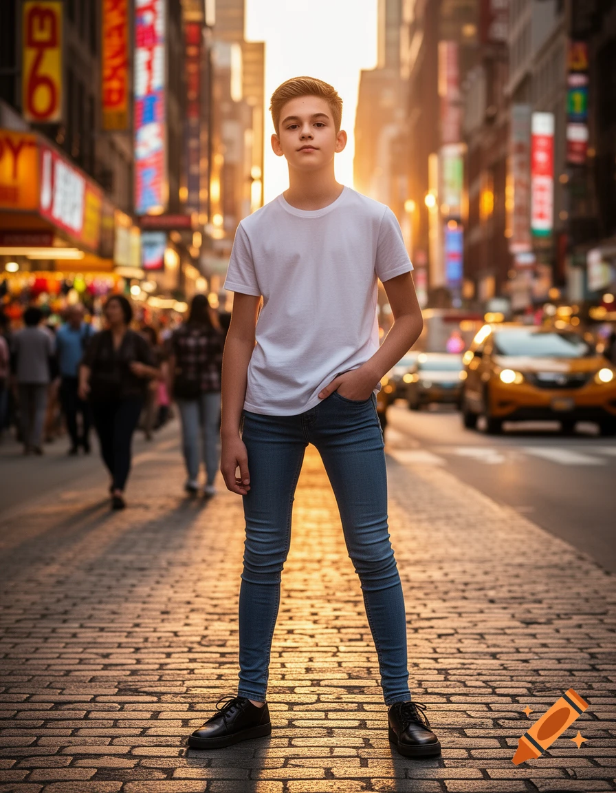 Photorealistic portrait of a young boy in a white t-shirt and jeans on a cobblestone city street at sunset.