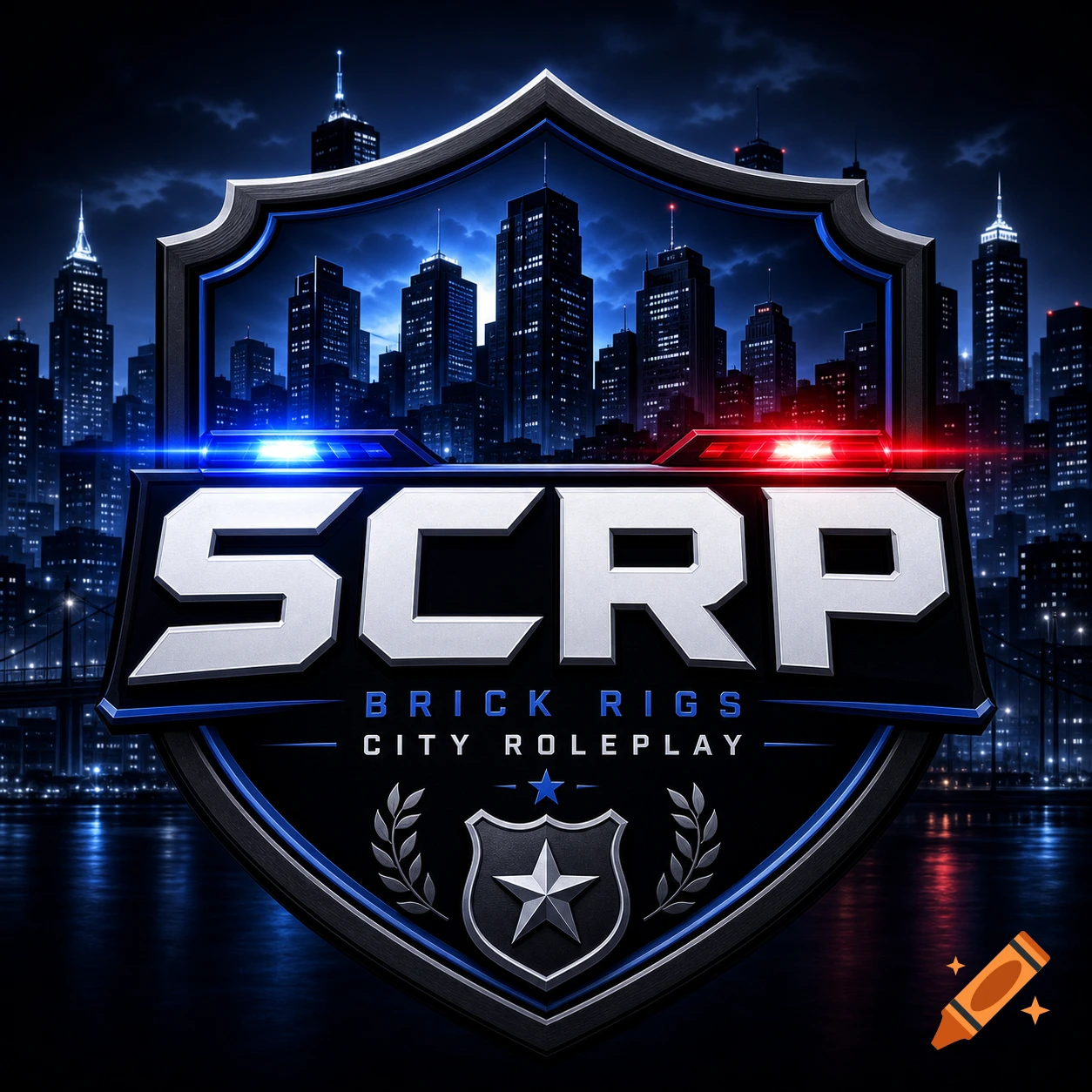 A professional esports gaming logo with the text SCRP, featuring a dark blue and black city skyline, police badge, and emergency lights.