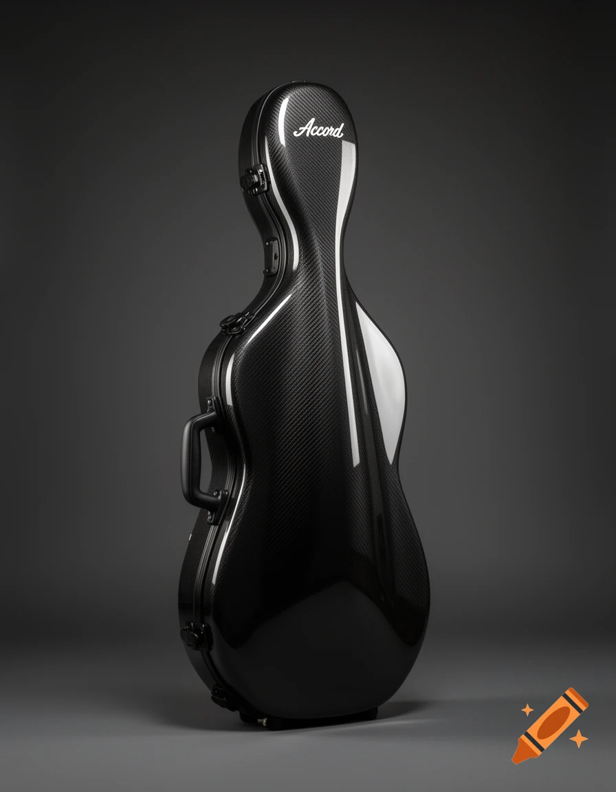 A sleek black carbon fiber cello case with the brand name "Accord" on top, standing vertically on a dark gray surface.