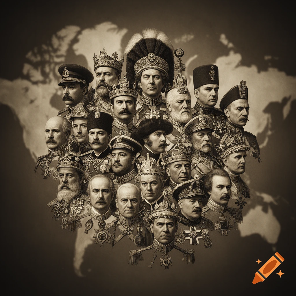 Sepia-toned collage of numerous historical male figures in elaborate military uniforms and crowns against a faded world map.