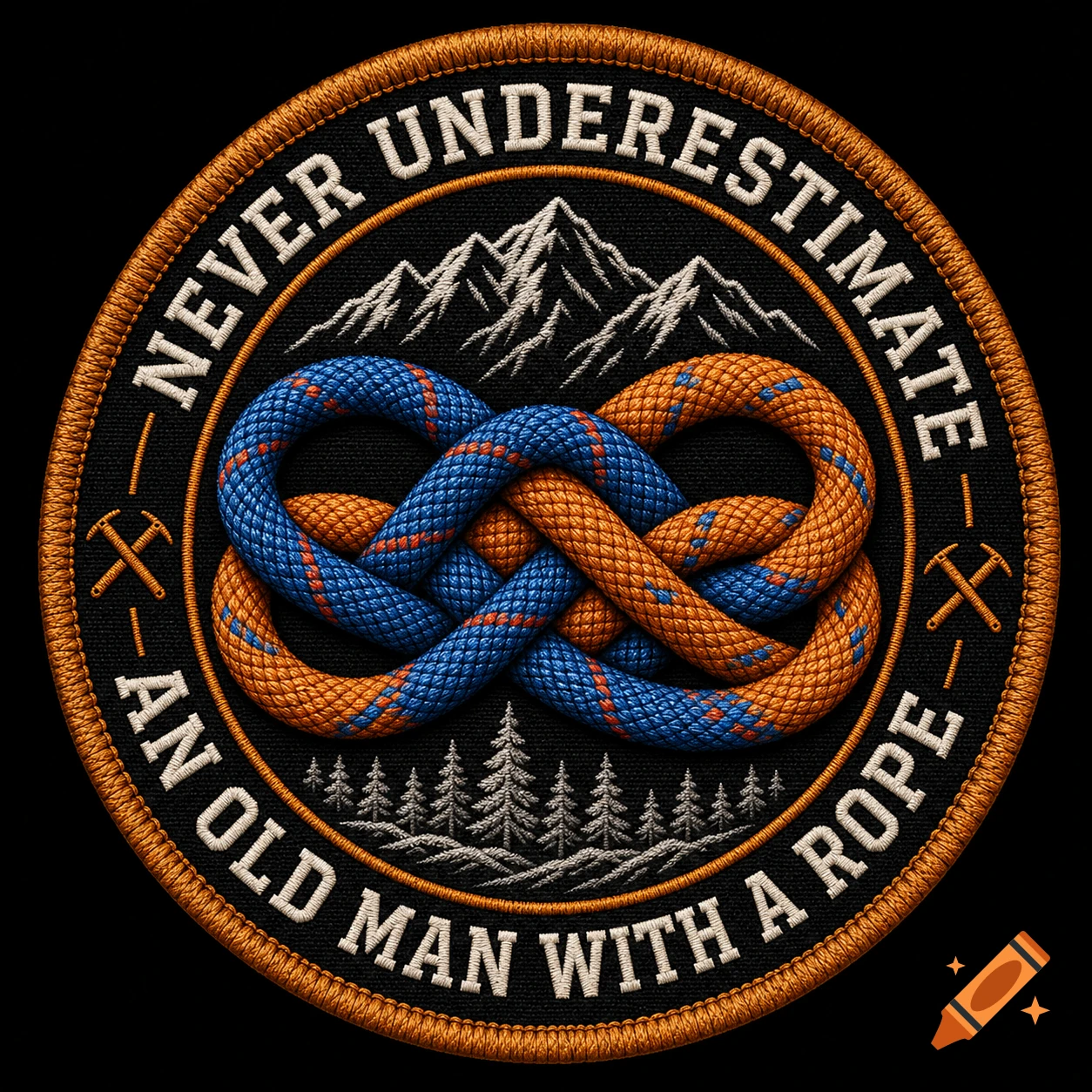 Circular embroidered patch with a climbing rope knot, mountains, pine trees, and the text 'Never underestimate an old man with a rope'.