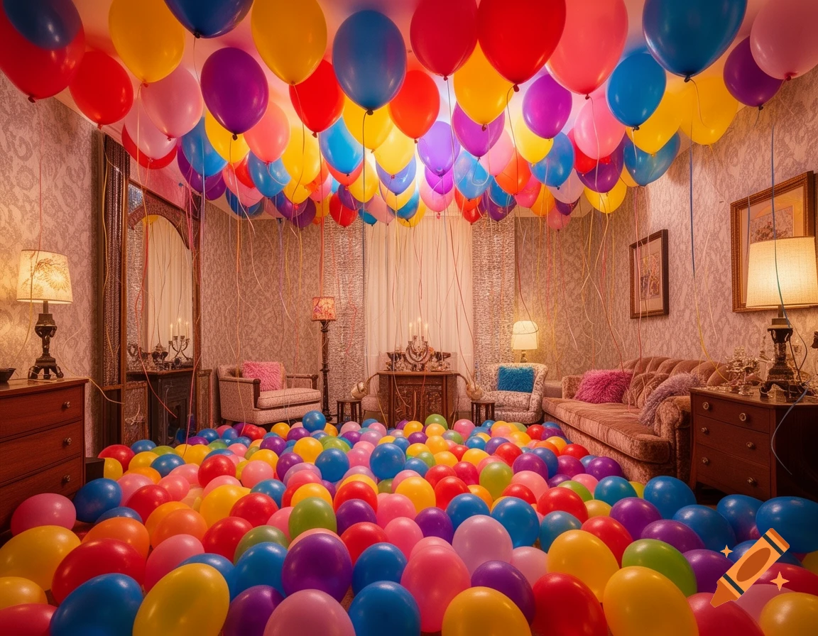 A cozy room filled floor to ceiling with colorful, inflated balloons in a photorealistic style.
