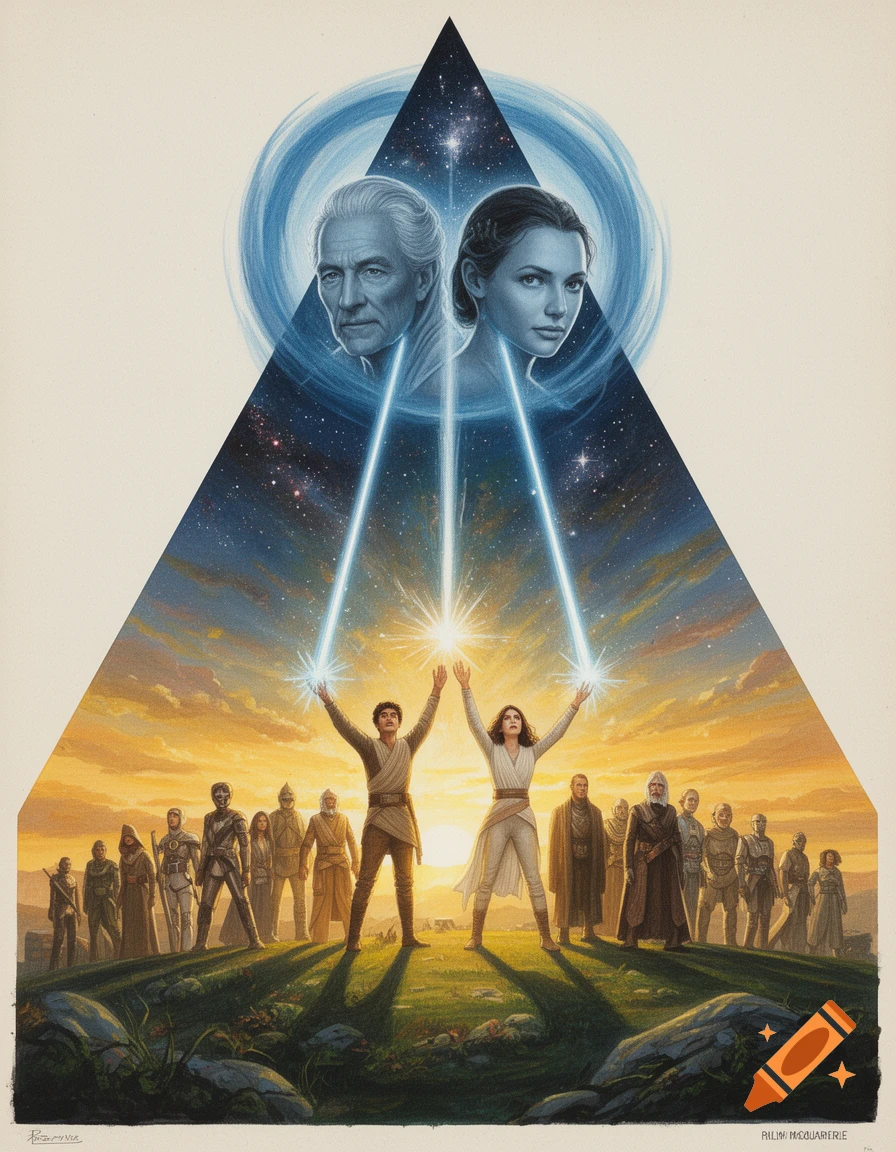 Star Wars poster art with two faces looking down, two figures raising light beams, and heroes on a grassy hill at sunrise.