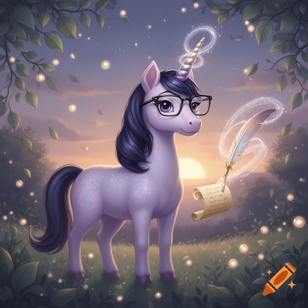 A cute, purple cartoon unicorn with dark hair and glasses stands in a magical forest at sunset, holding a quill and scroll.