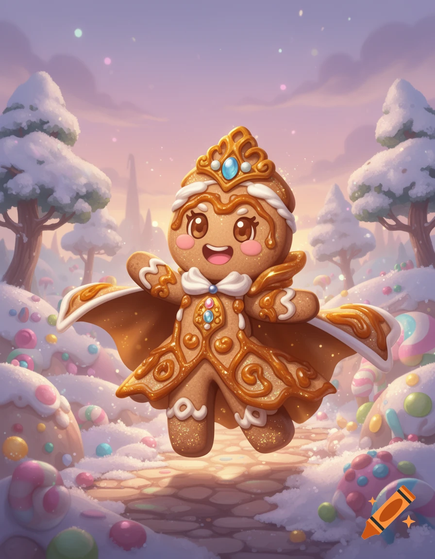 A whimsical gingerbread princess character, adorned with a golden crown and cloak, floats in a magical snow-covered candy land at sunset.