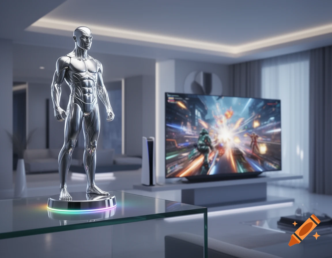 A chrome humanoid trophy with an RGB base stands on a glass table in a modern living room, watching an action video game on a large TV.