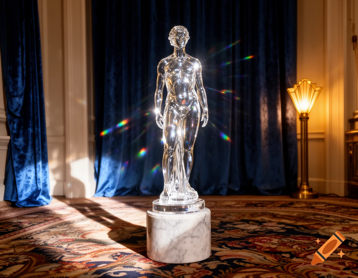 A photorealistic image of a gleaming crystal human figure statue on a marble pedestal, reflecting rainbow light, in an elegant room.