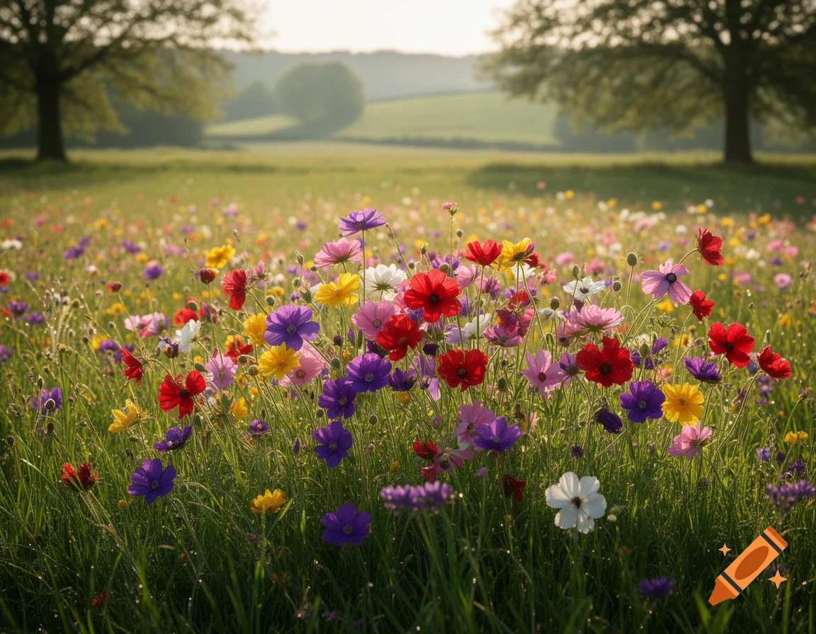 A vibrant, sunlit meadow teeming with colorful wildflowers like red, purple, yellow, and white, with trees in the soft-focus background.