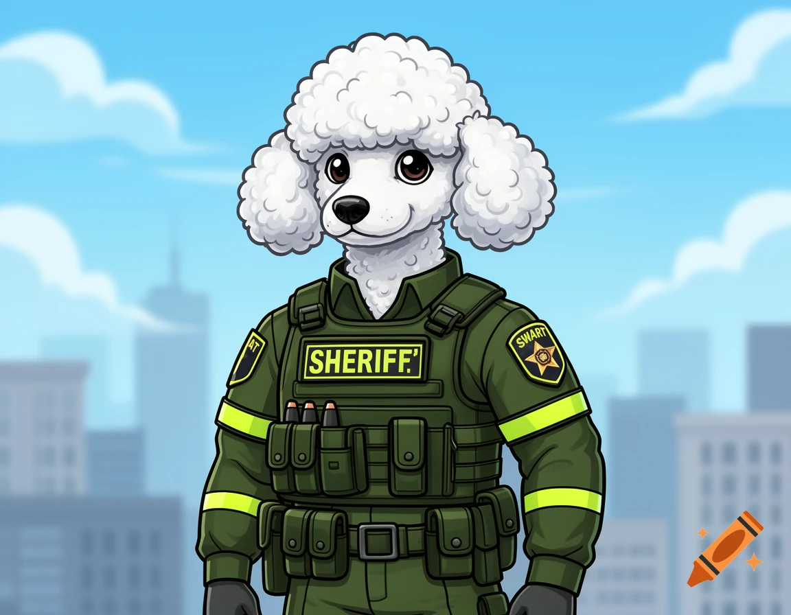 A cartoon white poodle dog wears a green sheriff's uniform and tactical vest with "SHERIFF" on the chest, standing against a city skyline.