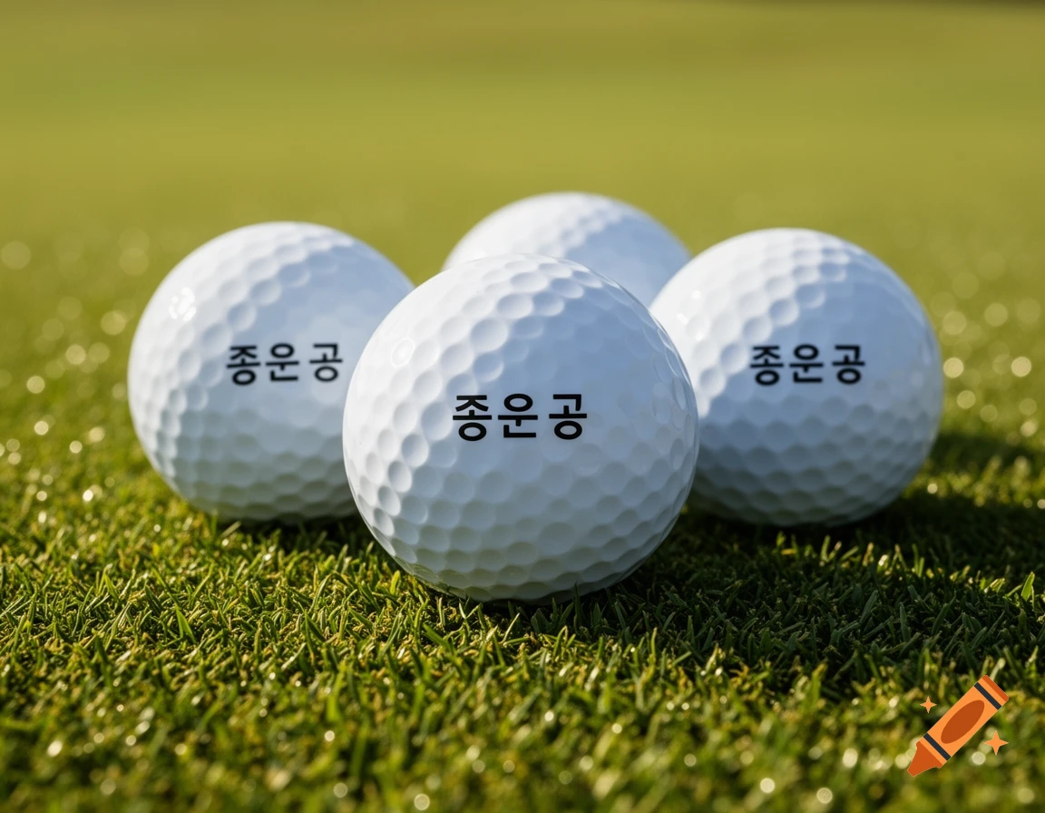 Three white golf balls with Korean text '좋은 공' printed on them, resting on a bright green golf course.